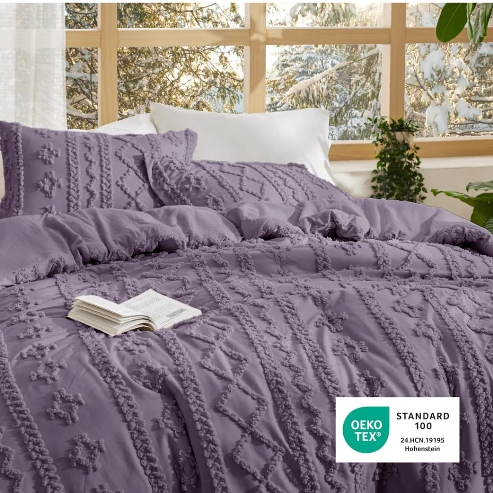 Bedsure Tufted Boho Comforter Set Twin Size - Grayish Purple Boho All Season